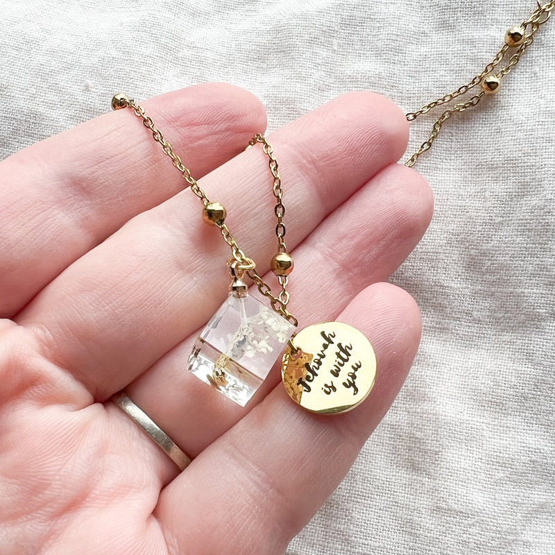 Jehovah is With You Gold Necklace - White Flower