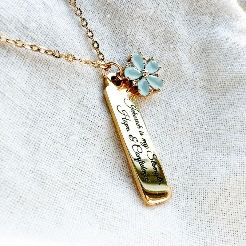 Jehovah is my Strength, Hope, Confidence Blue Stone Gold Necklace