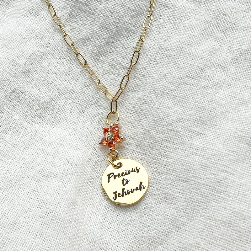 You are Precious To Jehovah Gold Orange Flower Necklace