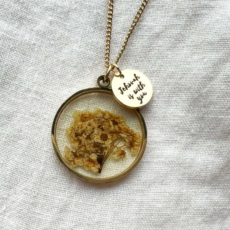 Jehovah is With You Gold Necklace - Cream Dried Flowers