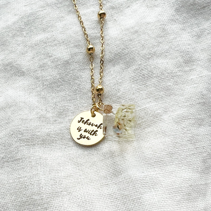 Jehovah is With You Gold Necklace - White Flower