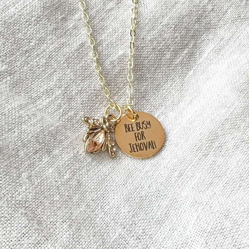 Bee Busy For Jehovah Rhinestone Gold Necklace