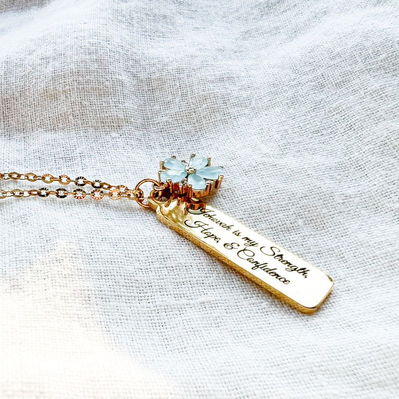 Jehovah is my Strength, Hope, Confidence Blue Stone Gold Necklace