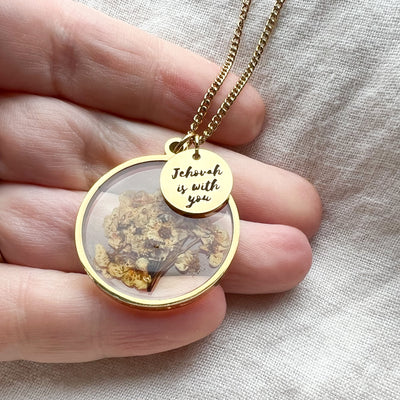 Jehovah is With You Gold Necklace - Cream Dried Flowers