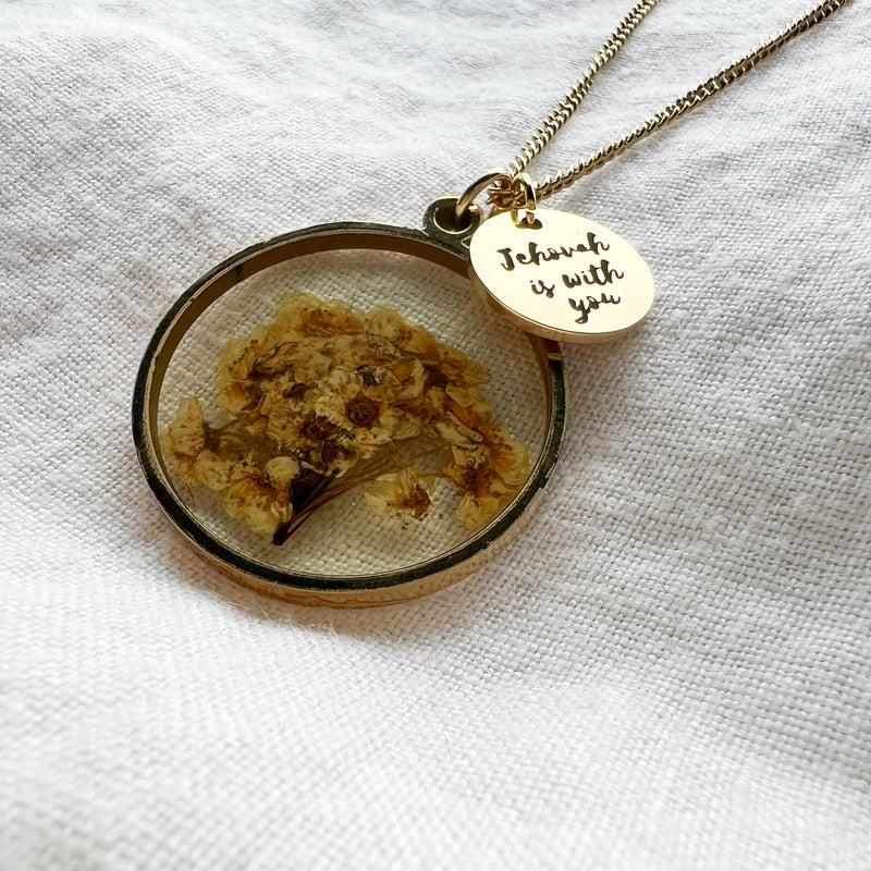 Jehovah is With You Gold Necklace - Cream Dried Flowers