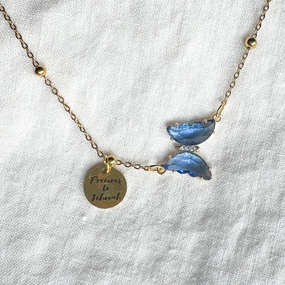 You are Precious To Jehovah Blue Butterfly Gold Necklace