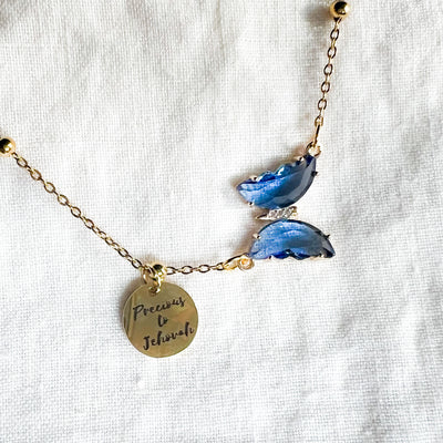 You are Precious To Jehovah Blue Butterfly Gold Necklace