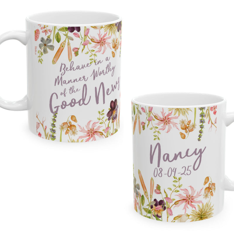 Personalized Behave in a Manner Worthy of the Good News - Assembly Mug - Floral