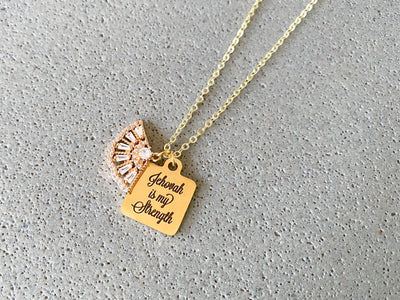 Jehovah is my Strength Rhinestone Fan Gold Necklace - GINGERS
